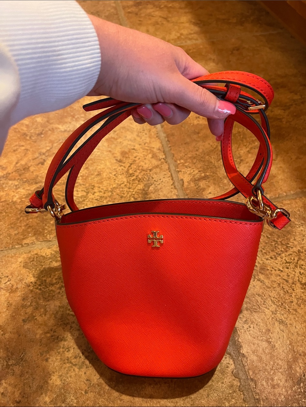 Tory Burch Orange-Red Mini Bucket Crossbody